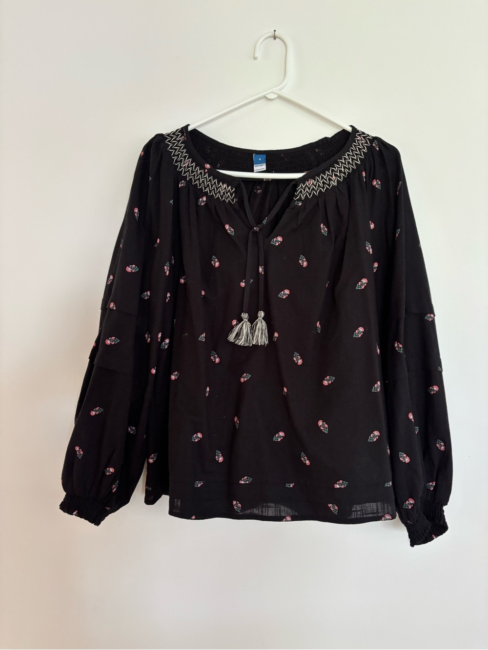 Old Navy Black Peasant Blouse with Pink Accent Motif